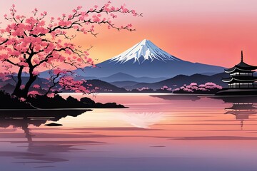 Japanese pagoda set against iconic Mount Fuji, capturing essence of traditional Japanese landscape, architecture. For art, creative projects, fashion, style, advertising campaigns, web design, print. - obrazy, fototapety, plakaty