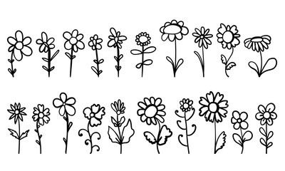 Set of flowers in doodle style, hand drawn flowering plants for cards, design or creation coloring pages