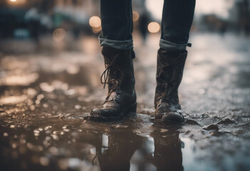 Boots is walking in a puddle and mud - Powered by Adobe