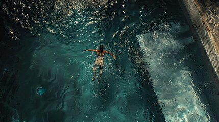A woman is swimming in a pool as seen from above.
