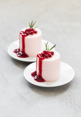 Vegan dessert. Pomegranate cream pudding, Panna Cotta cylindrical shape, with Pomegranate sauce. On a plate. Light gray background