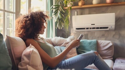 A woman is using a remote control to adjust the settings on her air conditioner.