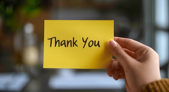 Person holding a yellow sticky note with "THANK YOU" written on it. Gratitude and appreciation concept
