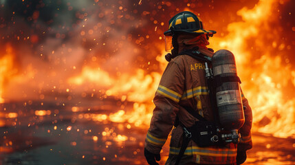 Naklejka premium Big bonfire in training. Firemen using extinguisher and water from hose for fire fighting at firefight training of insurance group. Firefighter wearing a fire suit for safety under the danger case.