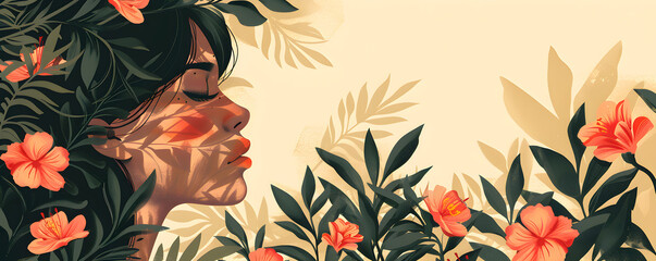 Illustration of a female face surrounded by leaves and flowers for women's day celebration card.
