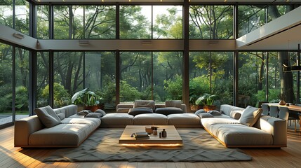 Modern living room with natural lighting. Home interior with feng shui perfect for sets and backgrounds