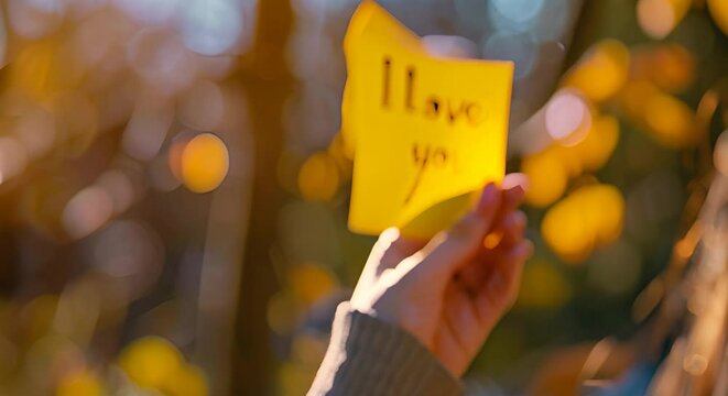 Person holding a yellow sticky note with "LOVE YOU" written on it. Gratitude and appreciation concept
