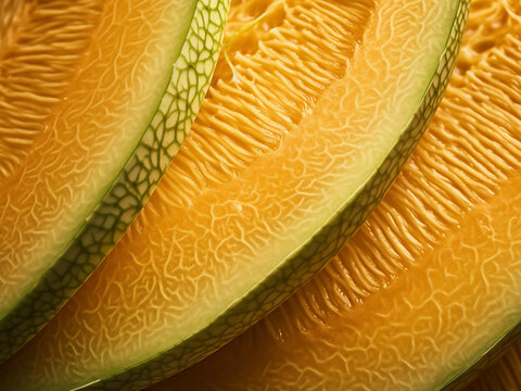 Macro view displays organic textures of melon skin, ideal for designers
