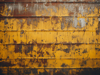 Weathered brown paint and bright yellow hues on old, rusty, corrugated metal background