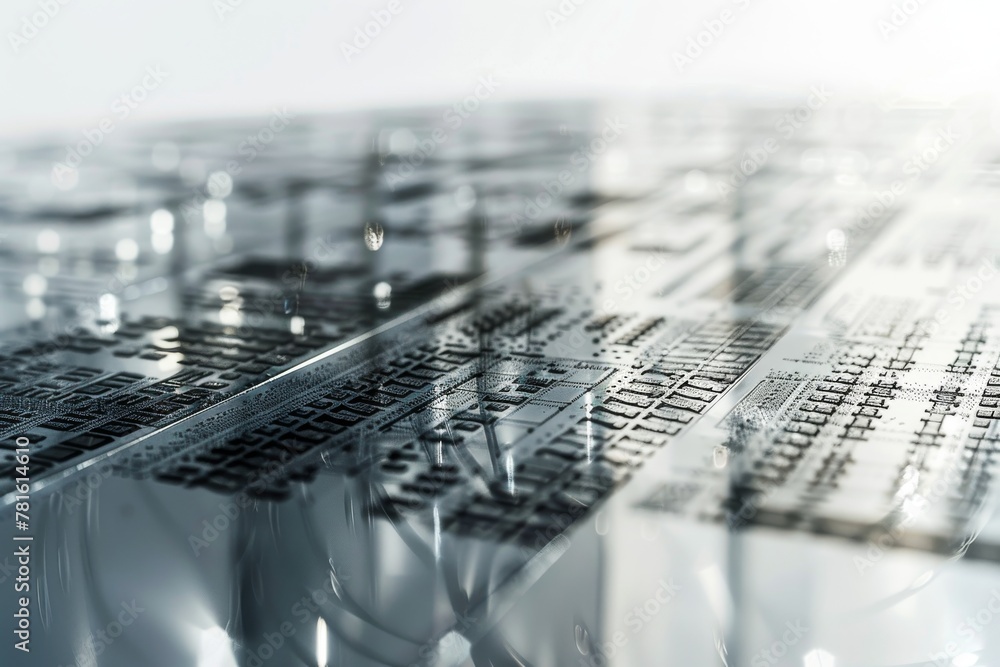 Poster detailed macro shot of a silicon wafer reflecting light in a tech lab