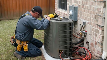 An air conditioning service professional is making repairs on a broken air conditioner inside a house.