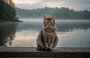 Cat near a lake on a misty morning