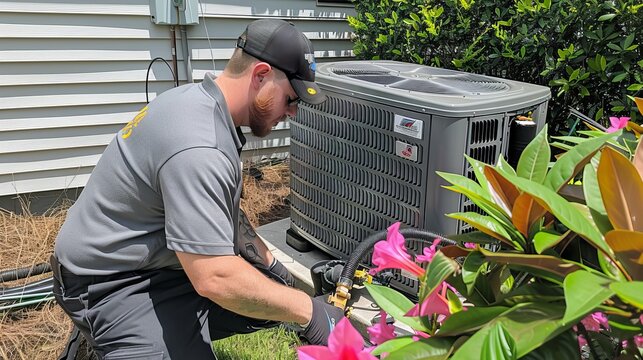 An air conditioning technician is getting ready to install a new air conditioner. They are using a vacuum pump to remove air and moisture from the new unit before installing it.