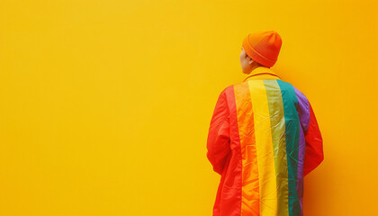 woman wearing rainbow flag on yellow solid background with copy space, pride