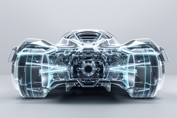 Transparent glass futuristic car the engine în light gray background, front view, 3d render