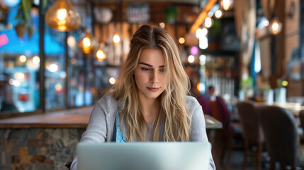 Female freelancer working on a laptop in a cafe, freelancing concept.