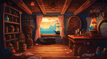 Old pirate ship inside at sunset. Wooden boat capta - obrazy, fototapety, plakaty