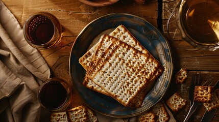 Jewish holiday Passover concept with matzah . Top view - obrazy, fototapety, plakaty