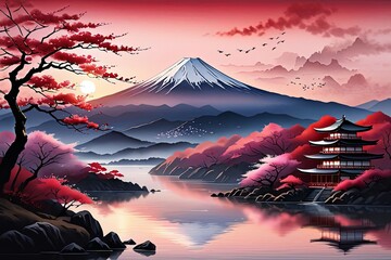 Traditional Japanese pagoda with iconic Mount Fuji in background, capturing essence of Japans natural beauty, cultural heritage. For interior, commercial spaces to create stylish atmosphere, print.