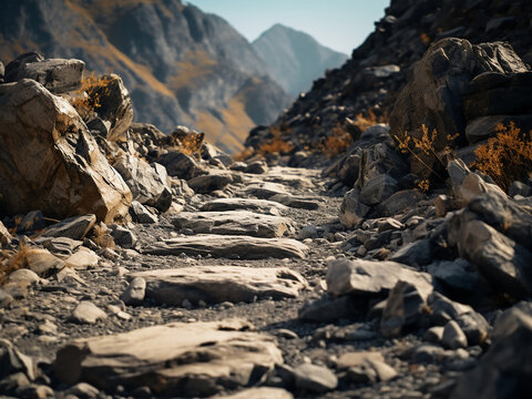 Image depicts a rocky trail amid mountains or wilderness�a symbol of adventure