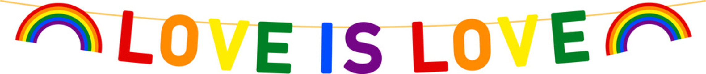 Love is love lettering banner with rainbow symbol, gay parade slogan, LGBT rights garland © Liena