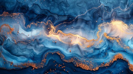 A luxury abstract fluid art painting background using blue and gold alcohol inks. - obrazy, fototapety, plakaty