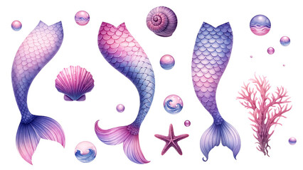 Vibrant Mermaid Tail Collection with Seashells and Coral Mythical Sea Creatures Illustration, Transparent Background