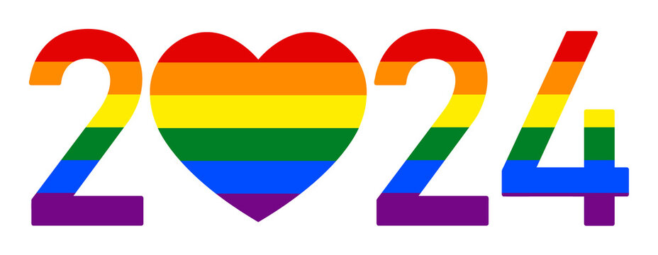 2024 LGBT Pride Flag, Gay community, pride month, LGBTQ rainbow flag colors, numbers with heart