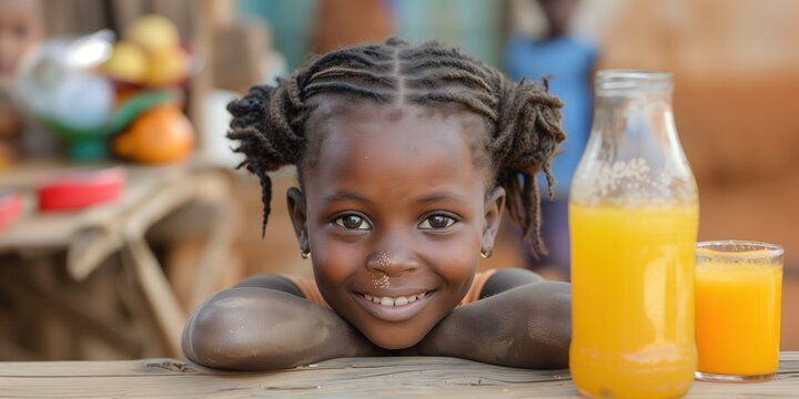 Cheerful African girl with a beaming smile, leaning on a wooden table with a bottle of orange juice nearby.