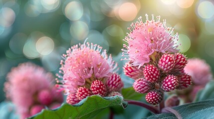 Close-up of pink burdock flower on green defocused nature background