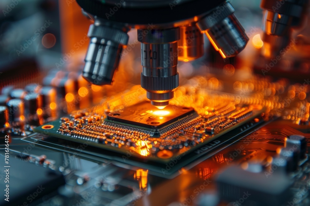 Poster close-up view of a semiconductor chip with glowing circuits under microscope
