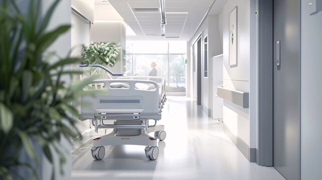Hospital corridor with a hospital bed. 3d render illustration.