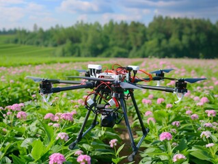 A quadcopter drone is flying over a field of flowers