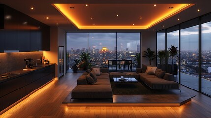 A modern living room with a city view and a warm, inviting atmosphere
