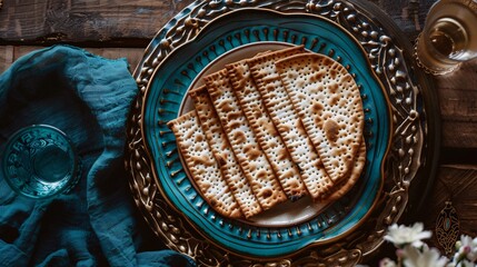 Jewish holiday Passover concept with matzah . Top view