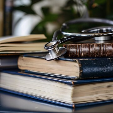 Stethoscope on a stack of old books. Medical background.