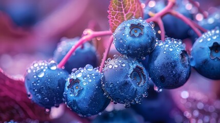 A macro photograph of blueberries with drops of dew on top. Background of berries. - obrazy, fototapety, plakaty