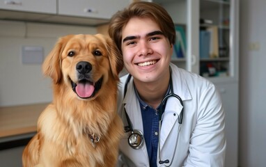 Veterinarian and golden retriever dog at vet clinic. Pet care and vet concept.