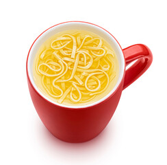 Instant noodle soup in red mug isolated on white background, top view