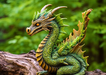Obraz premium A green dragon is sitting on a log in a forest. The dragon has a mouth open, and its eyes are wide. The scene is peaceful and serene, with the dragon blending in with the natural surroundings