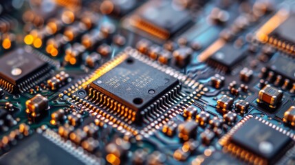 Fototapeta premium Close-up of microprocessors and electronic circuitry on a motherboard