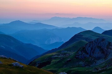 Sunset in the mountains of Montenegro. View from the top of the mountain. - obrazy, fototapety, plakaty