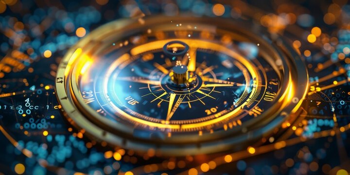 Navigating the Digital Frontier: A Futuristic Compass Interface Gleaming with Technological Precision for Global Orientation, Generative AI - Powered by Adobe