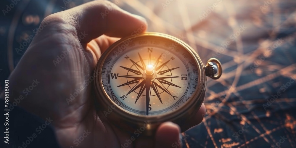 Poster hands cupping a luminous holographic compass, symbolizing direction and exploration in the digital a
