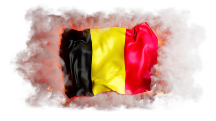 Belgian Flag Billowing Amidst Fiery Smoke on a Black Background
