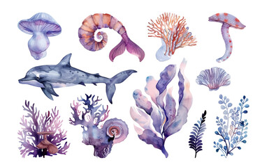 Fototapeta premium sea ​​underwater world set, isolated vector watercolor illustration.
