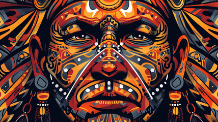 A tribal storyteller graphical vector face with tribal tattoos and storytelling accessories, sharing ancient tales and legends with their tribe.