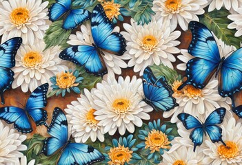 Painting featuring blue tropical butterflies restin white chrysanthemum flowers, created oil paints - obrazy, fototapety, plakaty