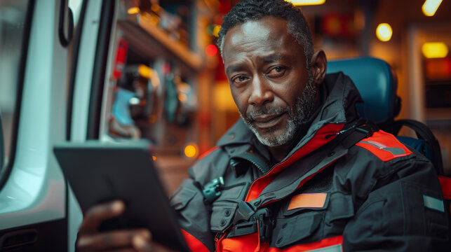 Black African American EMS Professional Paramedic Using Tablet Computer to Fill a Questionnaire for the Injured Patient on the Way to Hospital. Emergency Medical Care Assistant Works in an Ambulance.
