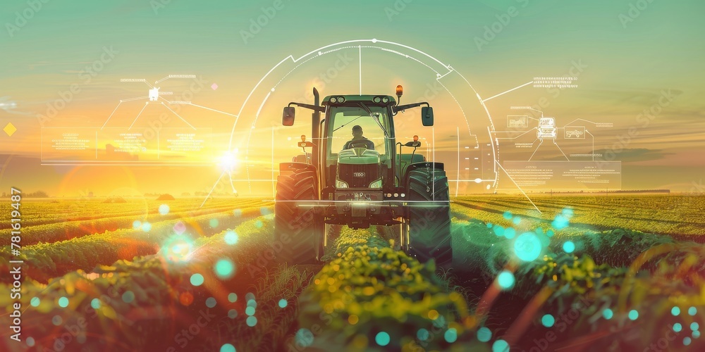 Aufkleber dawn of smart agriculture: tractor equipped with advanced technology navigating through a field of c